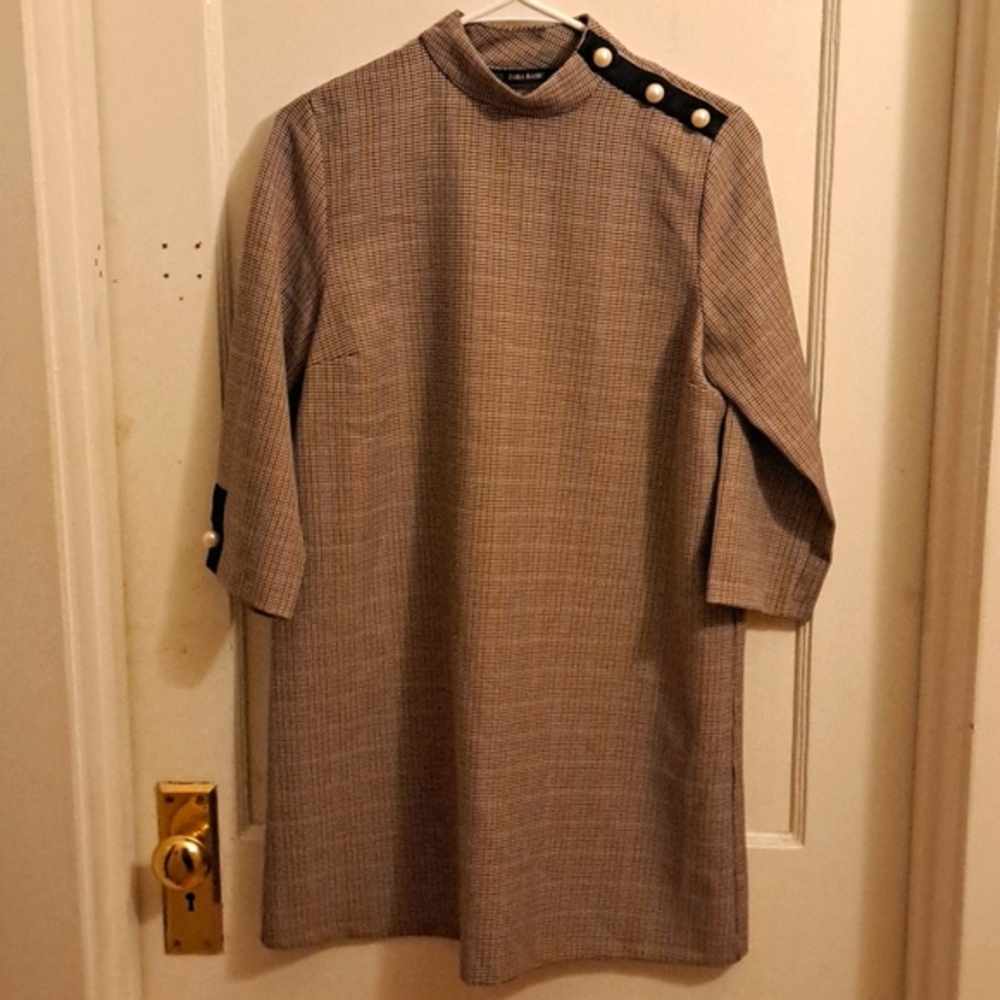 Zara Plaid Houndstooth Mock Neck Pearl Button Mini Dress
